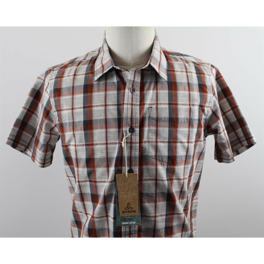 NWT prAna Tamrack Organic Cotton S/S Button Up Shirt MENS SMALL Henna Red Plaid